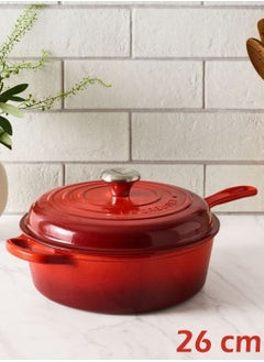 اشتري Signature Cassadou Pre-Seasoned Enameled Cast Iron Skillet and Lid 26cm - Cerise في الامارات