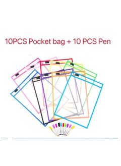 Buy Dry-Erase Pockets, Clear Reusable Plastic Sleeves Assorted Colors Special Design Waterproof Pocket for School, Office,  and More 10 PCS Pockets and 10 PCS Pens in UAE