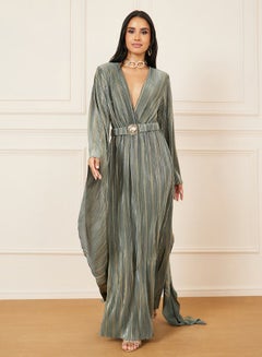Buy Plisse Long Sleeves Belted A-Line Maxi Dress in Saudi Arabia