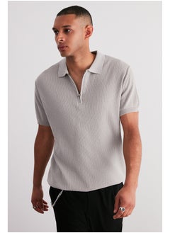 اشتري Men's Stone Regular Fit Openwork Zippered Knitwear Polo Collar T-Shirt في مصر