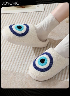 Buy New Style Evil Eyes Pattern Comfortable Home Indoor Slippers Autumn and Winter Warm Non-slip Thick-soled Soft Bedroom Cotton Slippers for Couples Men Women White+Blue in UAE