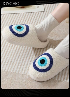 Buy New Style Evil Eyes Pattern Comfortable Home Indoor Slippers Autumn and Winter Warm Non-slip Thick-soled Soft Bedroom Cotton Slippers for Couples Men Women White+Blue in UAE