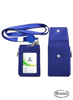 اشتري PU Leather ID Badge Card Holder Wallet-Style Protective Case with Card Slots, 1 Side Zipper Pocket & 24.8-inch (About 63 cm) Polyester Neck Ianyard Retractable Badge Reel, Blue في الامارات