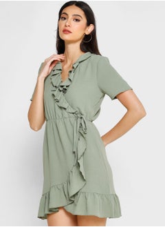 Buy Surplice Neck Ruffle Dress in UAE