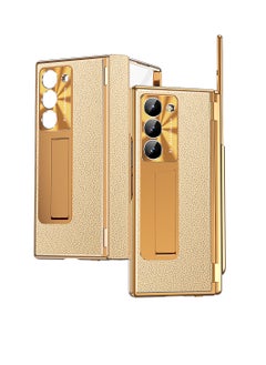 Buy Case for Samsung Galaxy Z Fold 6 with Pen, Leather + Electroplating, Two Kinds of Hinges, with Stand, Pen Tray, Rear Camera Screen Protector, Anti-Drop Case [Not Original Pen] (Electroplated Gold) in UAE