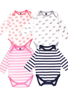 اشتري Kidbea Organic cotton baby Pack of 4 onesies Unisex | Elephant, Heart Strips - Pink & Strips - Blue في الامارات