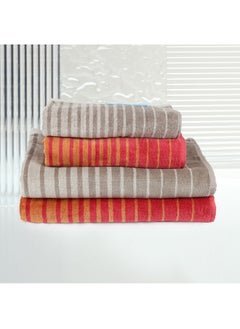 Buy 4 Piece Bathroom Towel Set BOUNDRY 450 GSM 100% Cotton Velour 2 Bath Towel 70x140 cm & 2 Hand Towel 50x90 cm Grey & Red Color Modern Stripe Design Luxury Touch Extra Absorbent in UAE