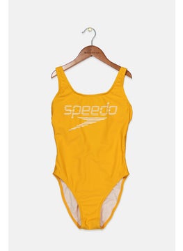 اشتري Women Brand Logo Sleeveless Non Padded One Piece Swimsuit, Yellow في السعودية