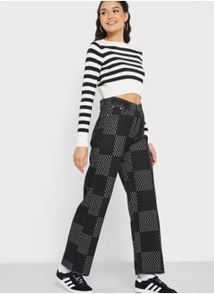 Buy Checker Print Detail Wide Leg Jeans in Saudi Arabia