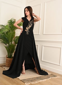 Buy Long Dress decorated with crystals and sequins from the chest, Black in Saudi Arabia