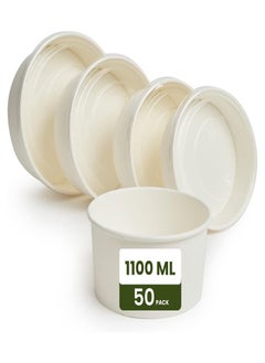 Buy Ecoway Compostable Heavy Duty Made Of Paper 38 Ounce - 1100 Ml, Pack Of 50 Disposable Bowls Eco-Friendly Biodegradable Perfect For Salad, Soup White in UAE