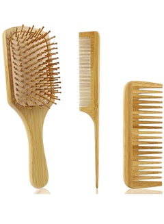 Buy 3-Piece Natural Bamboo Paddle Hair Brush And Comb Set Beige in UAE