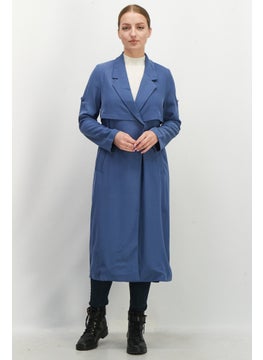 Buy Women Spread Collar Long Sleeve Plain Trench Coat, Blue in UAE