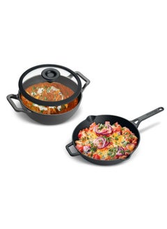 اشتري Prestige Pre-Seasoned Cast Iron Cookware Set - 24Cm Kadai W/L & 26Cm Frypan | Set Combo Offer for Kitchen | Iron Utensils for Cooking | Induction Cookware Set, Black, PR49083 في الامارات