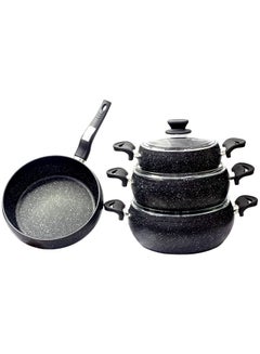 Buy 7-Piece Granite Cookware Set, Small Pot (18 cm), Medium Deep Pot (20 cm), Large Pot (22 cm), pan (22 cm), Black in UAE