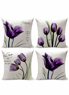 Buy Cushion Covers Throw Pillow Set of 4, Purple Flower Pattern for Home Sofa Art Living Room Outside Office Decorative with Durable Thick Linen Square 18 x18 inch 45x45cm in UAE