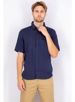 Buy Men Regular Fit Short Sleeve Plain Casual Shirt, Blue Marine in Saudi Arabia