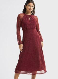 Buy Shimmer Detail Midi A-Line Round Neck Dress With Long Sleeves in Saudi Arabia