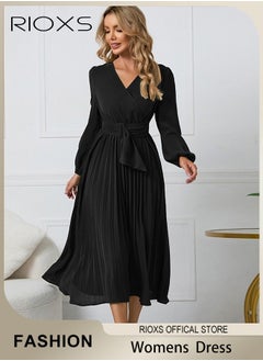 Buy Women Casual Long Sleeve V Neck Fall Dress Bohemian Relaxed Fit Flowy Maxi Dresses Tiered Cocktail Dress in UAE