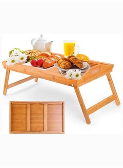 اشتري Bamboo Bed Tray Table with Handles Folding Legs, Bamboo Bed Breakfast Tray Used As Lap Tray for Bed, Sofa, Outdoor, Working, Eating, Drawing (60 x 30 x 23cm) Pack of One في الامارات