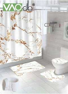 اشتري 4PCS Printed Shower Curtain Set Polyester Material Golden Marble Pattern Thickened Shower Curtain Set Includes Floor Mat Toilet Seat Cover Anti-skid Pad At The Bottom of Toilet Ring and Shower Curtain في السعودية