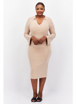 Buy Women Curve Solid Midi Dress, Tan in UAE