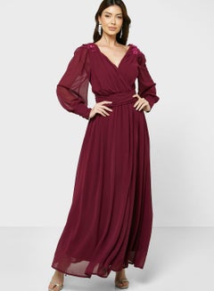 Buy Surplice Neck Pleated Dress in UAE