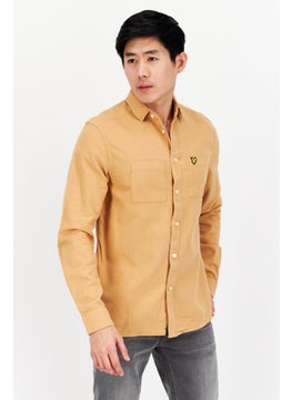 Buy Men Spread Collar Long Sleeve Embroidered Logo Casual Shirt, Tan in UAE