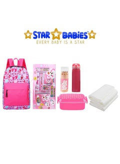 Buy Back To School Disposable Towel 3Pcs School Bag Stationary Set Pencil Set Water Bottle 300Ml Lunch Box Pink in UAE