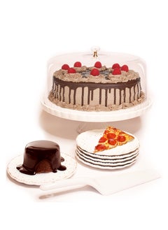 اشتري Cake Stand with Lid and Handle Acrylic 10 inch Large Round Serving, Cake Carrier Tray, and Storage Solution, Complete Container Dome Set for Desserts, Cupcake Holder with 6 Ceramic Plates and Spoon في السعودية