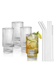 Buy Ribbed Drinking Glasses with Glass Straws 450 ML (Set of 4) in UAE