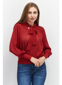 Buy Women Tie Neck Long Sleeve Pleated Top, Maroon in UAE