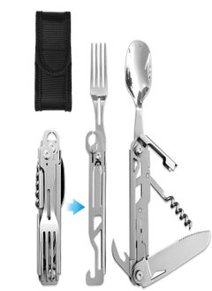 Buy Folding Camping Cutlery Set 5 in-1 Multifunctional Travel Pocket Cutlery Folding Spoon Fork Knife Bottle Opener Can Portable Set Utensil for Travel Hiking Picnic with Drawstring Pouch in Saudi Arabia