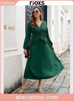 Buy Women's V Neck Elegant Belted Long Sleeve Solid Color Maxi Dress High Waist Pleated A-Line Long Dress in Saudi Arabia