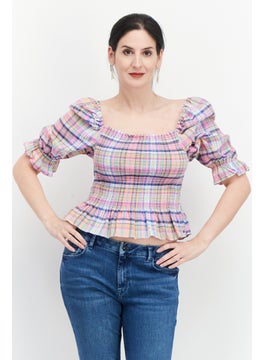 Buy Women Square Neck Short Sleeve Plaid Top, Pink Combo in UAE