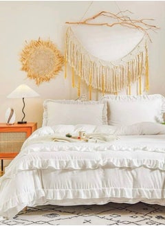 Buy King Size 6 Pieces Off White Boho Duvet Cover Set, Washable Cotton Bedding Set, Plain Color with Ruffle Décor. in UAE