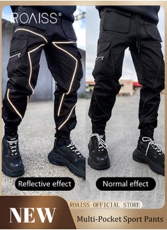 اشتري Fashion Print Men Cargo Trousers  Multiple Pocket Design  Sports Trousers Reflective Tape Design  Velcro Feet Breathable Fabric  Solid Color في الامارات