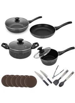 Buy Auroware 18 Piece Non Stick Cookware Set Induction Bottom PFOA Free Frying pan Wok Pan Sauce Pan Casserole with Lid Table mat Kitchen Utensils Knife in UAE