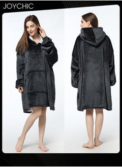 اشتري Solid Color Women Autumn and Winter Flannel Thickened Cold-proof Warm Hooded Pajamas Long-sleeved Comfortable Sleep Robe with Front Pockets Black One Size في الامارات