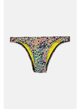 Buy Women Printed Drawstring Bikini Bottoms, Black and White and Neon in Saudi Arabia