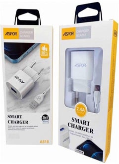 Buy Aspor A818 Smart Charger With 2.4 A Output And 1 USB For 2 in 1 Micro Cable Set of 2 Pieces - White in Egypt