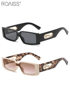 اشتري 2PCS Rectangular Sunglasses for Men Women, UV400 Protection Sun Glasses, Fashion Decorative Eyewear with Cheetah Decoration for Outdoor Party Street Photography, Black and Beige في السعودية