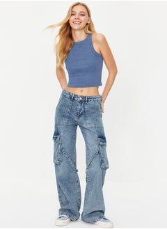 اشتري Blue Cargo Pocket High Waist Wide Leg Jeans TWOSS24JE00101 في مصر