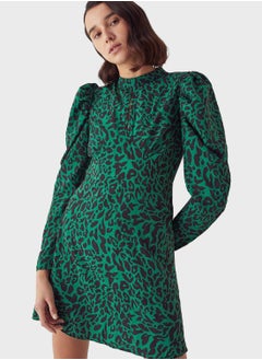 Buy Printed Puff Sleeve High Neck Dress in Saudi Arabia