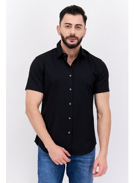 Buy Men Tailored Fit Short Sleeves Plain Casual Shirt, Black in UAE