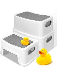 اشتري Toddler Step Stool for Bathroom Sink, 2 Step Stool for Kids Toilet Potty Training, Non-Slip Toddlers Baby Child Kid Plastic Poop Stools with Handle for Kitchen Counter Bed (Grey) في السعودية