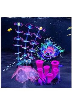 Buy 4 Pieces Silicone Glow Fish Tank Decorations Plants with Simulation Silicone Coral Artificial Horn Coral Fluorescence Sea Anemone for Aquarium Fish Tank Glow Ornament in UAE