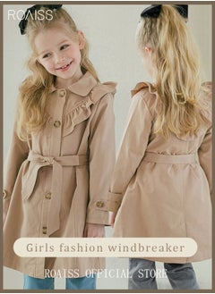 Buy Girl's Fold Pleated Buckle Trench Coat Kids Sweet Long Sleeve Windbreaker Outerwear Teens Girls Stylish Overcoat with Waist Belt Fall Winter Warmth Outfit Beige in UAE