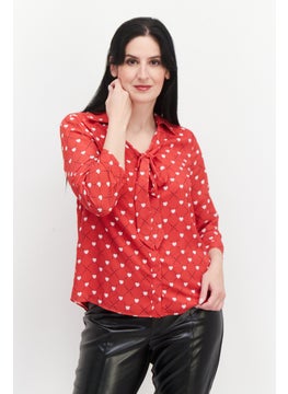 Buy Women Tie Neckline 3/4 Sleeve Printed Blouse, Red in UAE