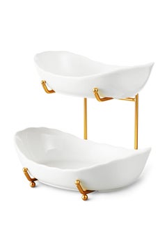 اشتري Fruit Bowl for Kitchen Counter, 2 Tier Ceramic Serving Bowls with Metal Stand, Tiered Fruit Basket for Fruit Vegetable Storage, Snack (Gold) في الامارات